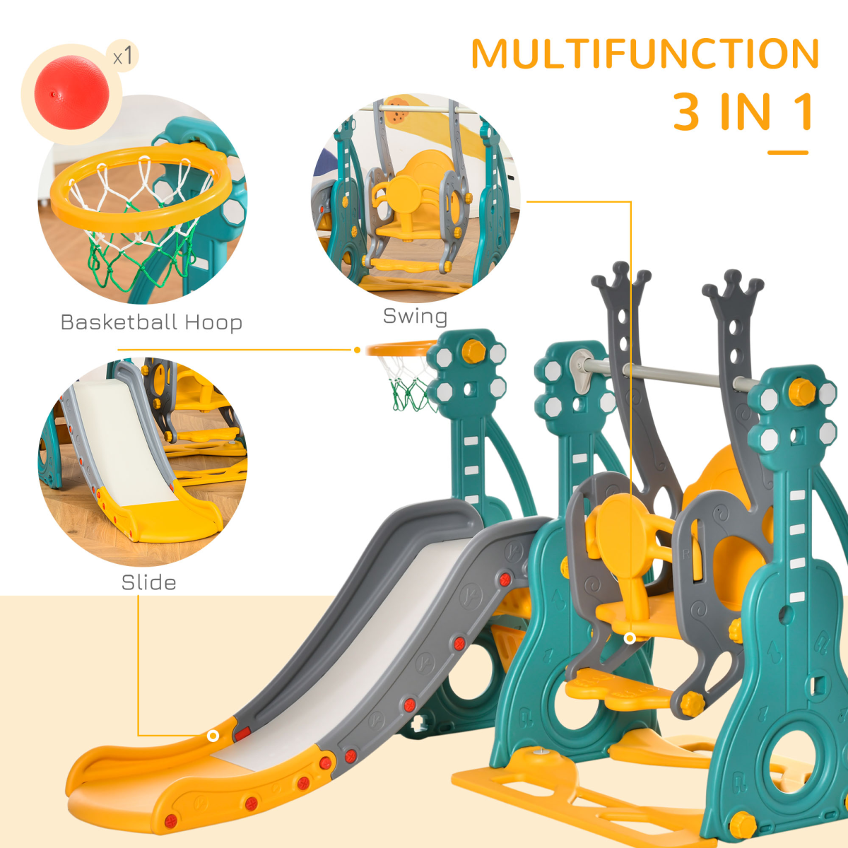 Kids Swing and Slide Set with Adjustable Swing & Basketball Hoop – Toddler Garden Play Set
