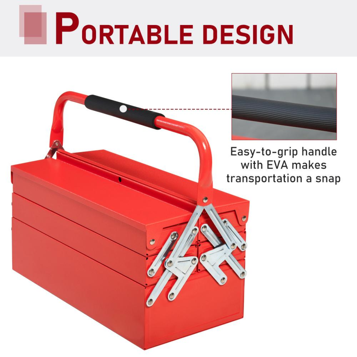 Folding Tool Box with 5 Collapsible Trays – Rust-Resistant Steel Organiser for Home and Workshop, Red