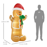HOMCOM 6ft Christmas Inflatable Gingerbread Man with Santa Hat and LED Lights – Outdoor Garden Decor