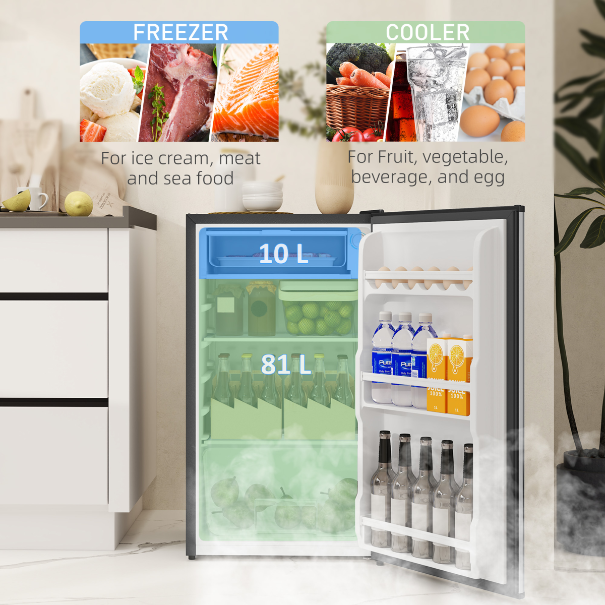 HOMCOM 91L Freestanding Under Counter Fridge with Adjustable Shelves & Salad Drawer – Silver Tone