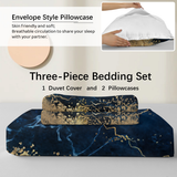 Marble Print Duvet Cover Set with 2 Pillowcases – White Marble and Gilded Navy Blue Design, Double