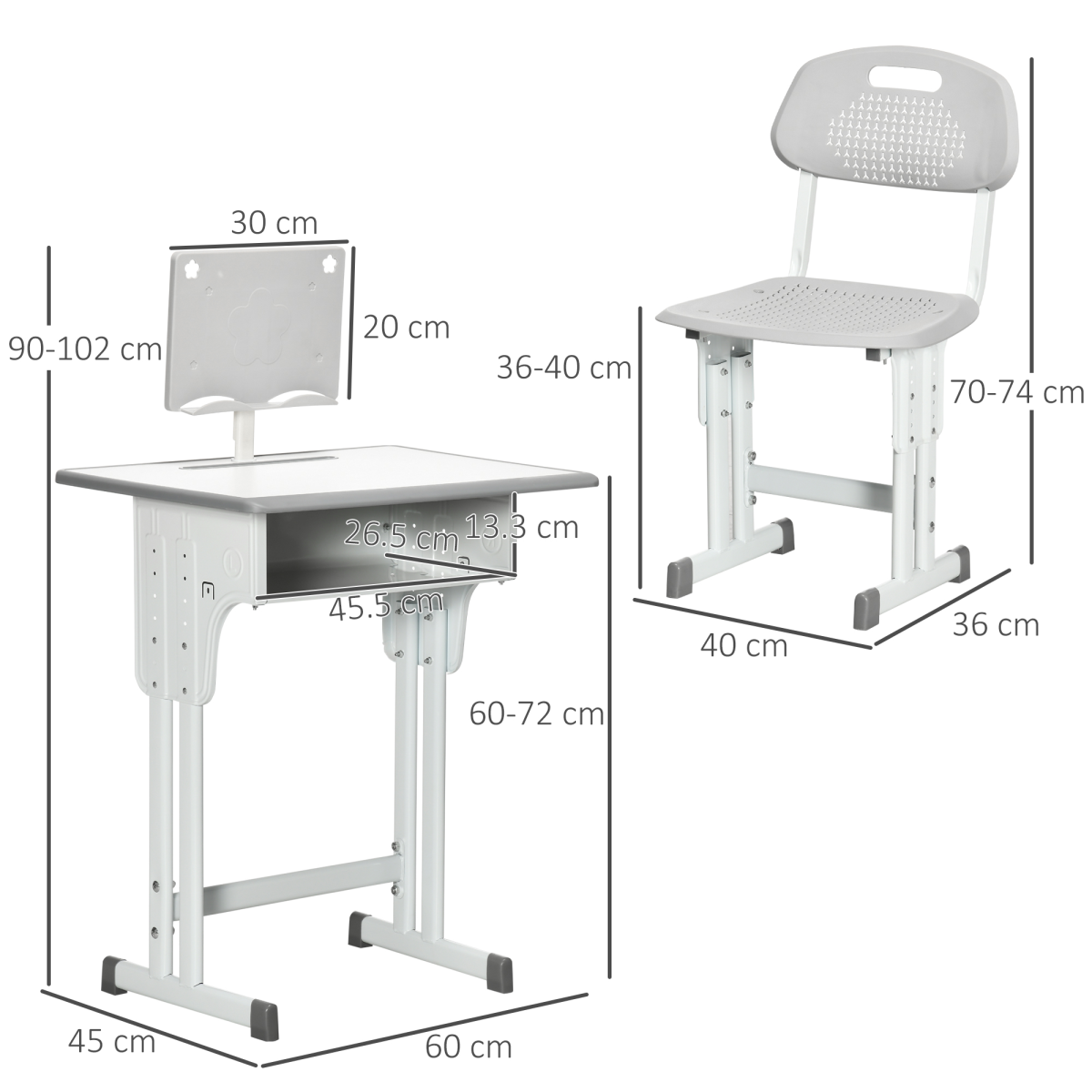 Kids Desk and Chair Set with Adjustable Height, Drawer and Book Stand – Study Table for Ages 6–12, Grey