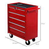 HOMCOM 5-Drawer Steel Tool Trolley Chest on Wheels with Push Handle – Workshop Storage, Red