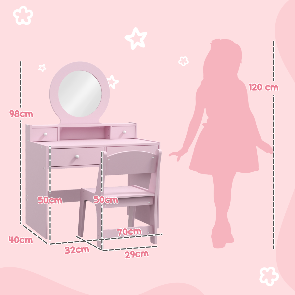 AIYAPLAY Kids Dressing Table Set with Stool, Oval Mirror and Four Drawers – Pink