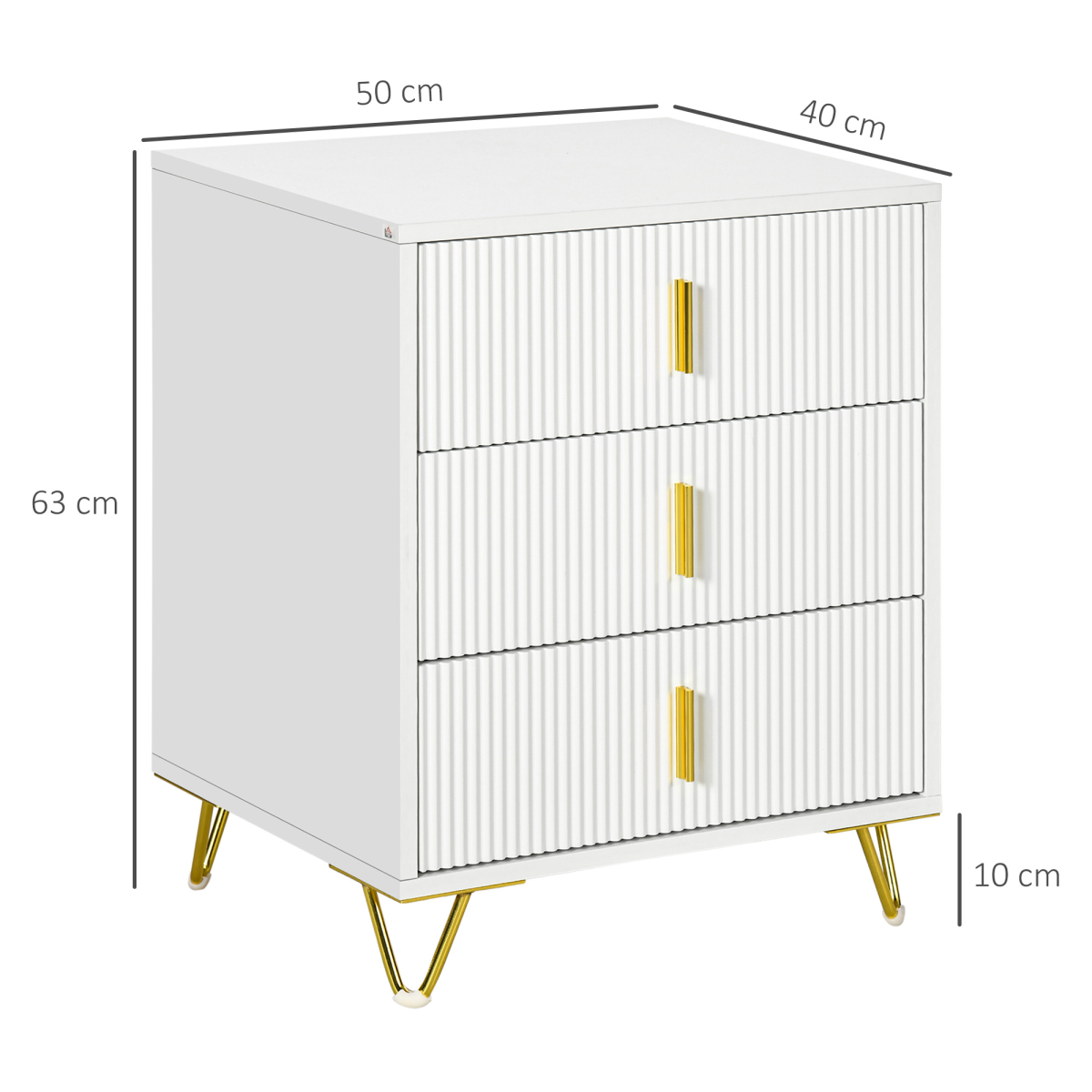 HOMCOM 3 Drawer Chest of Drawers with Ridged Front and Gold Accents – Bedroom Storage Cabinet, White