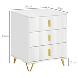 HOMCOM 3 Drawer Chest of Drawers with Ridged Front and Gold Accents – Bedroom Storage Cabinet, White