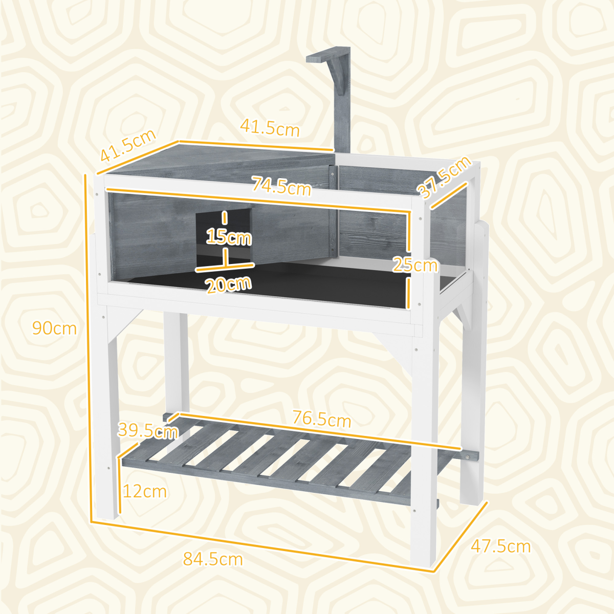 PawHut Wooden Tortoise House with Storage Shelf, Lamp Stand & Clear Observation Windows – White and Grey