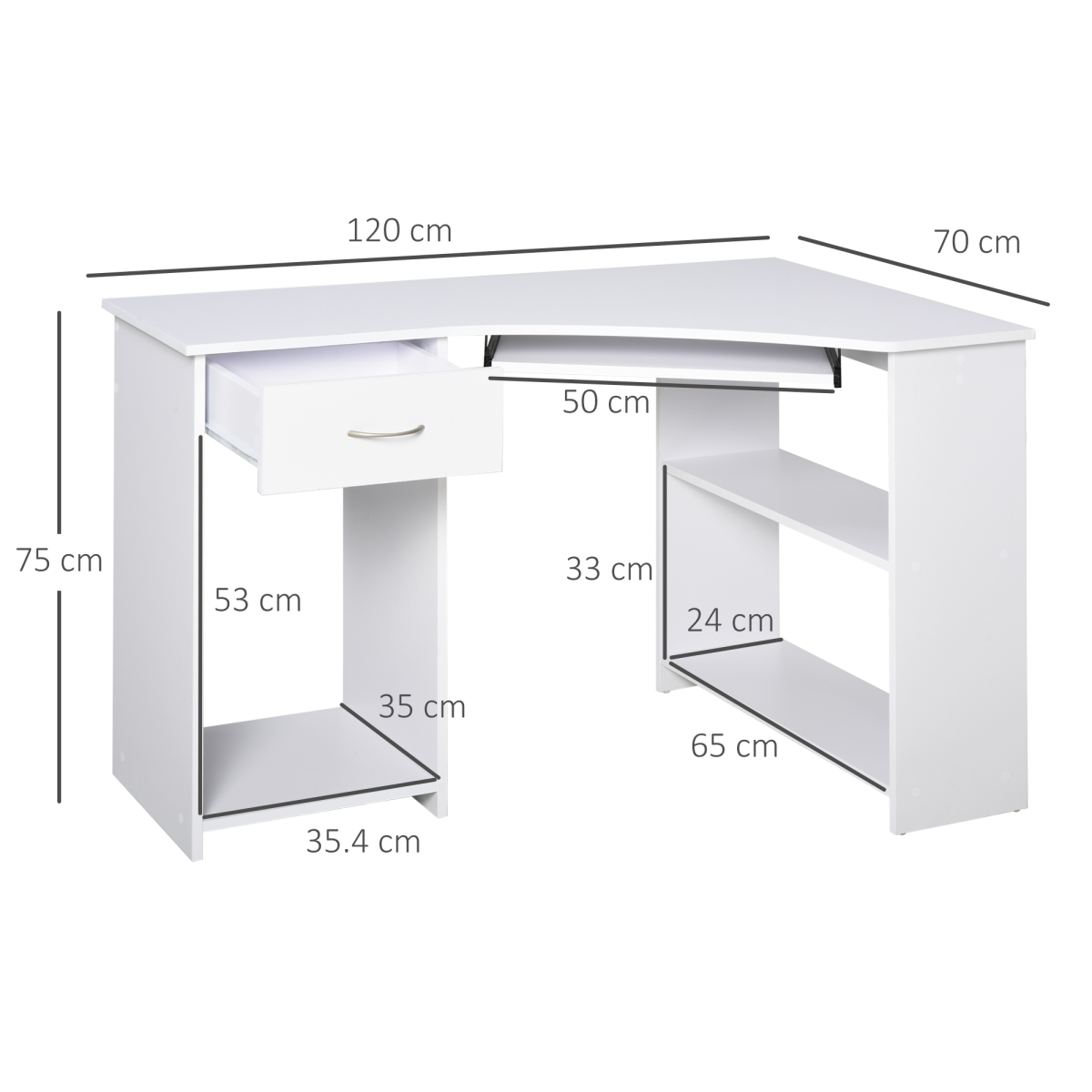L-Shaped Corner Computer Desk with Sliding Keyboard Tray & 2 Storage Shelves – Home Office Workstation, White