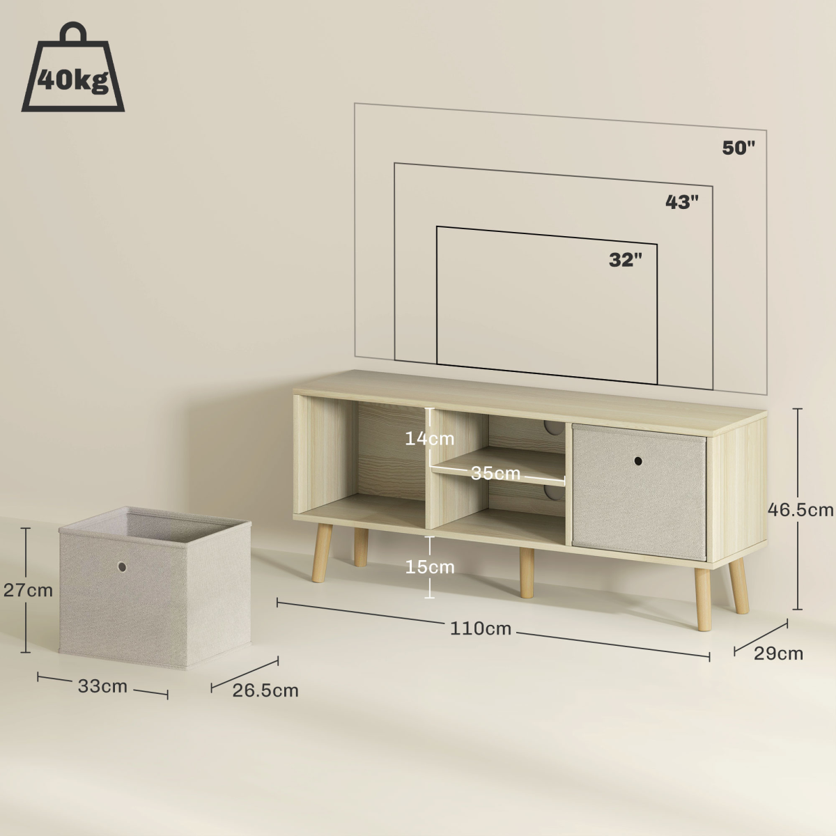 HOMCOM Modern TV Cabinet Stand with Two Removable Fabric Drawers and Shelves – Bedroom Media Unit, Natural