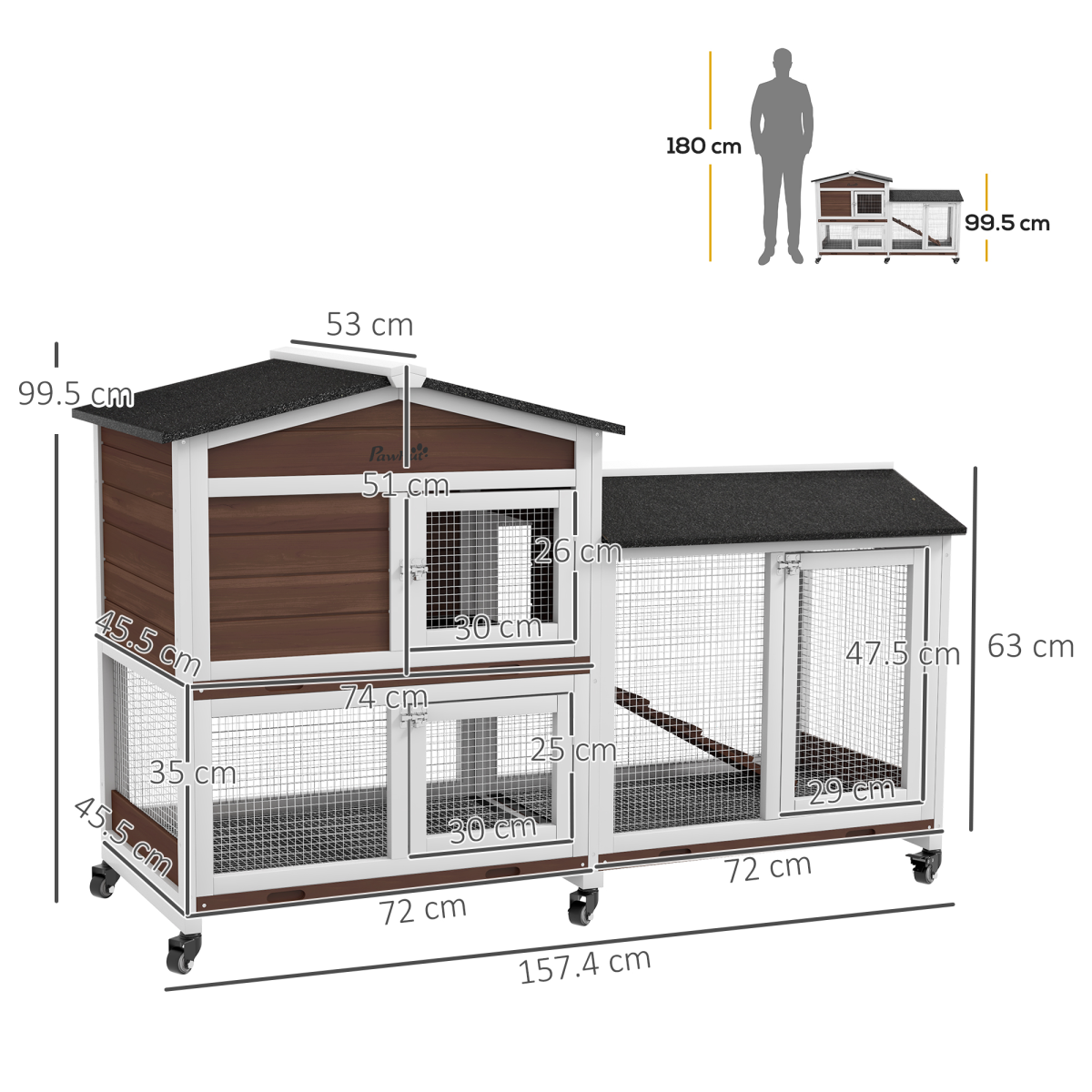 PawHut Wooden Rabbit Hutch with Wheels, Run & Ramp – Outdoor Guinea Pig Cage for 1–3 Rabbits, Brown