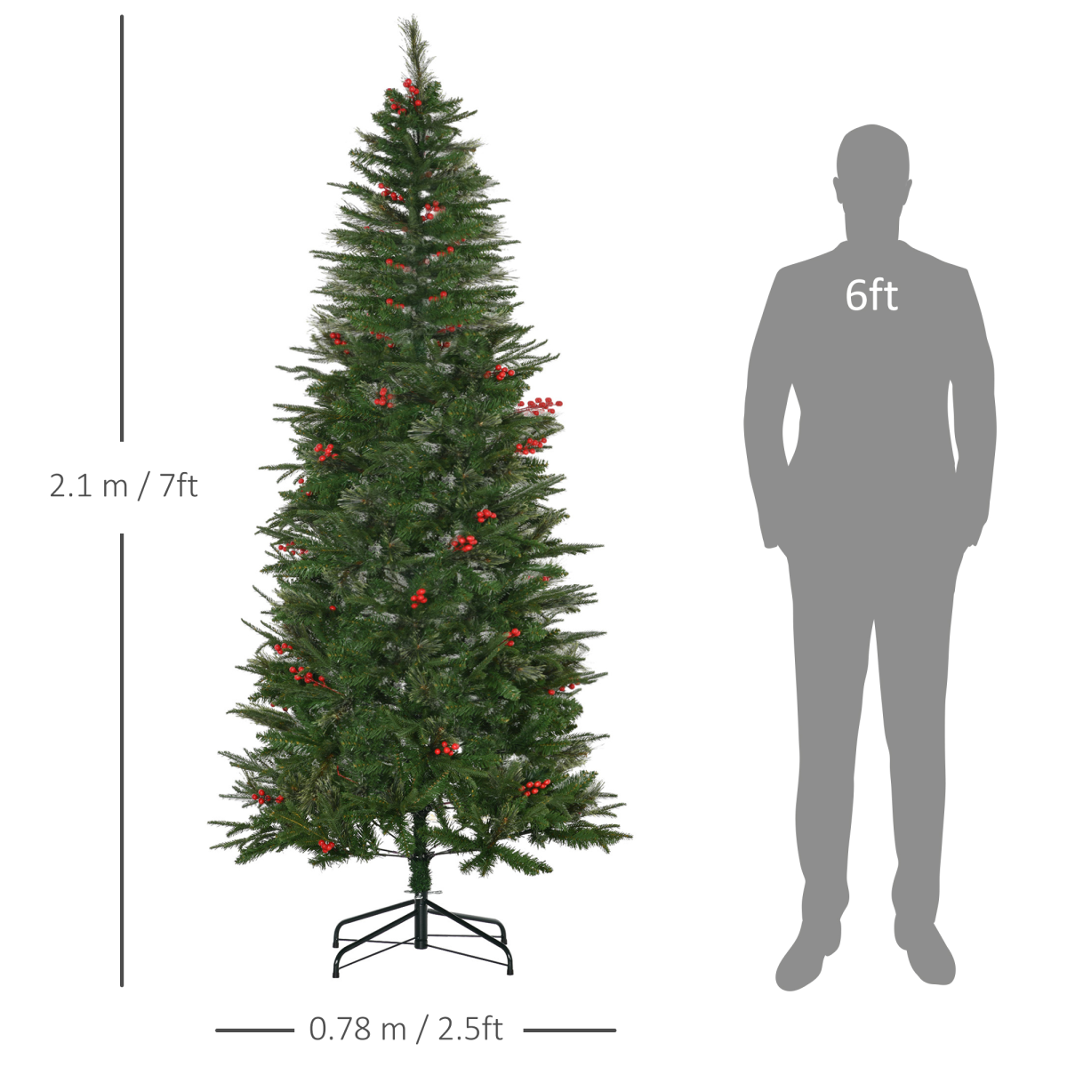 HOMCOM 7ft Unlit Artificial Pencil Christmas Tree with Faux Red Berries, Flame Retardant PVC & Metal Base