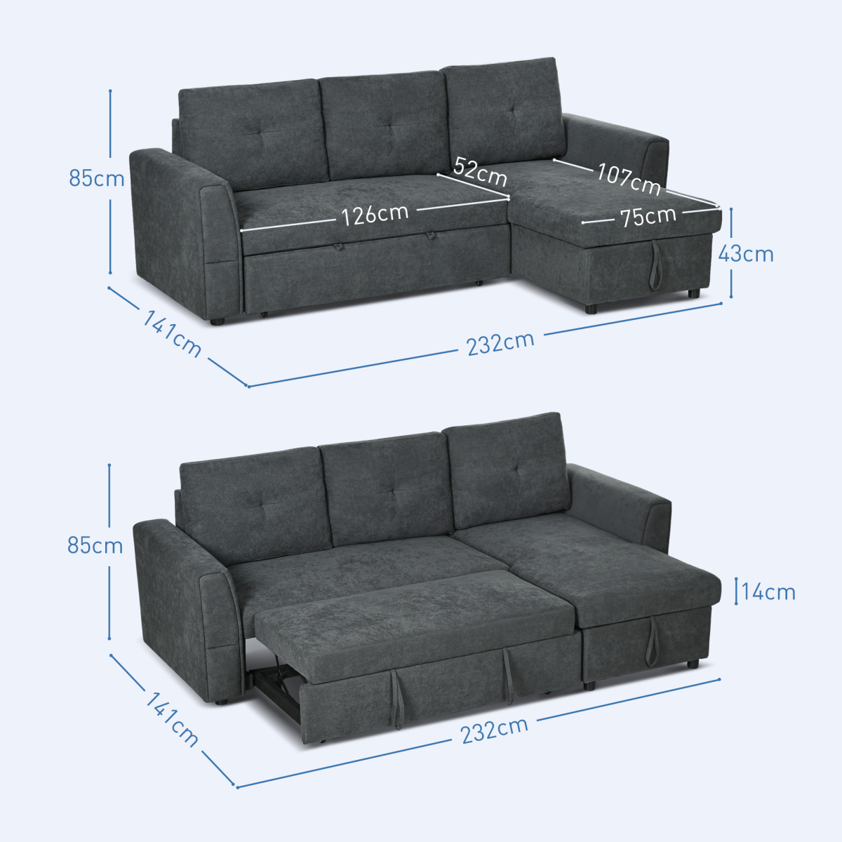 HOMCOM Dark Grey Sofa Bed under-chaise storage compartment open