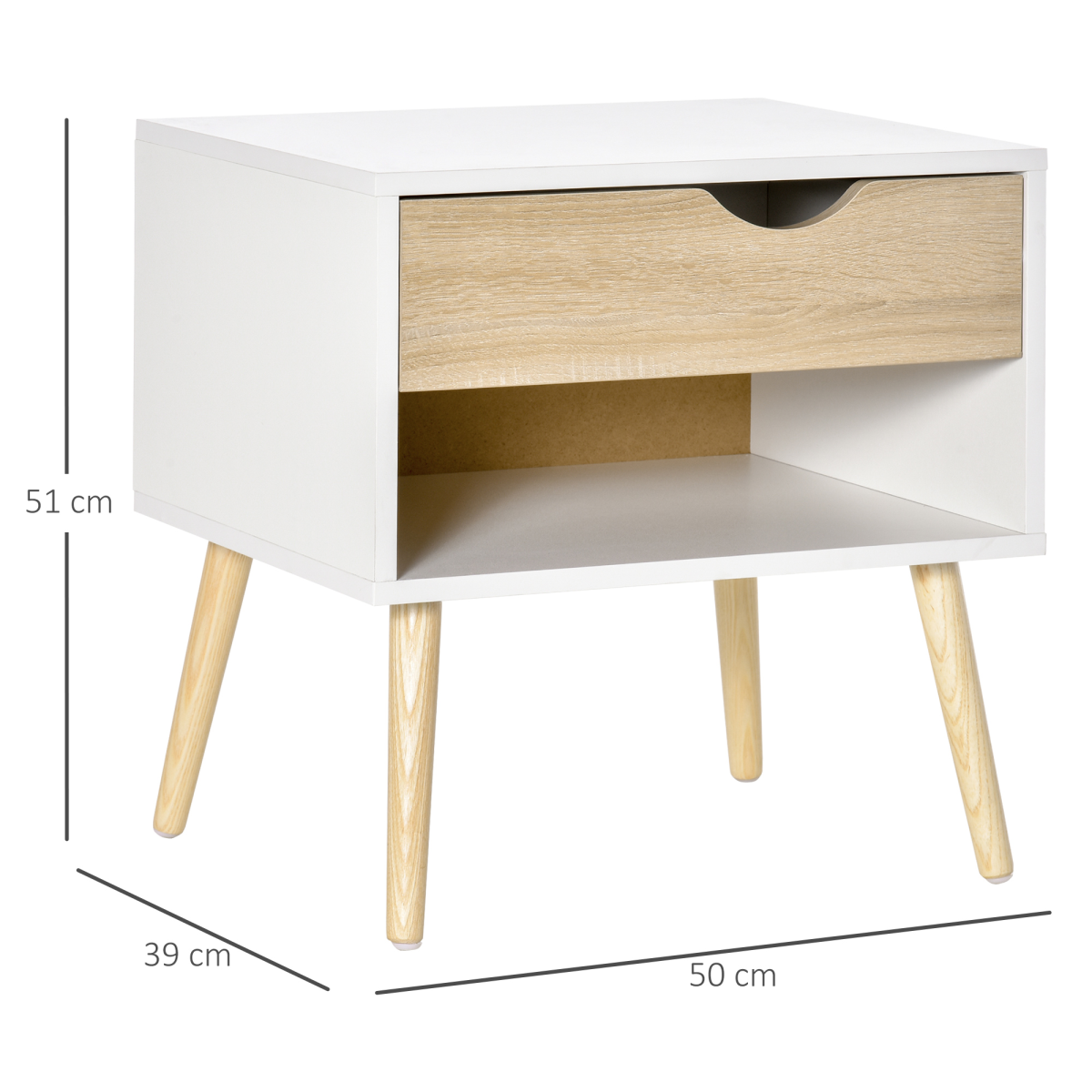 HOMCOM Bedside Table with Drawer and Open Shelf – Modern Nightstand and Side Table with Solid Wood Legs
