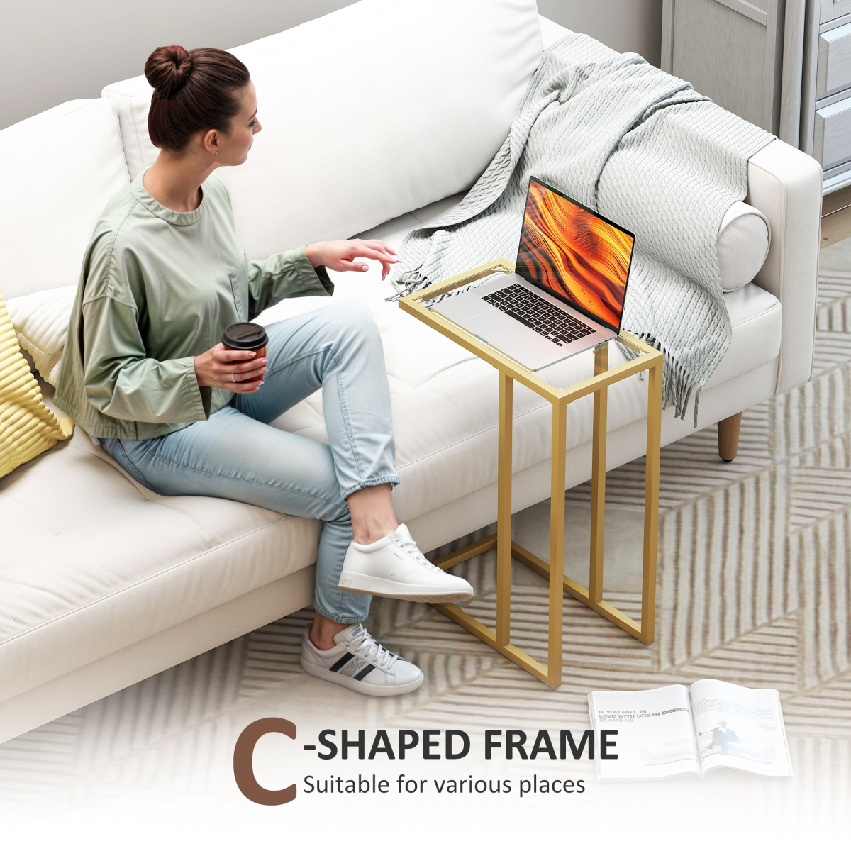 HOMCOM C-Shaped Side Table with Tempered Glass Top – Space-Saving Sofa End Table, Gold