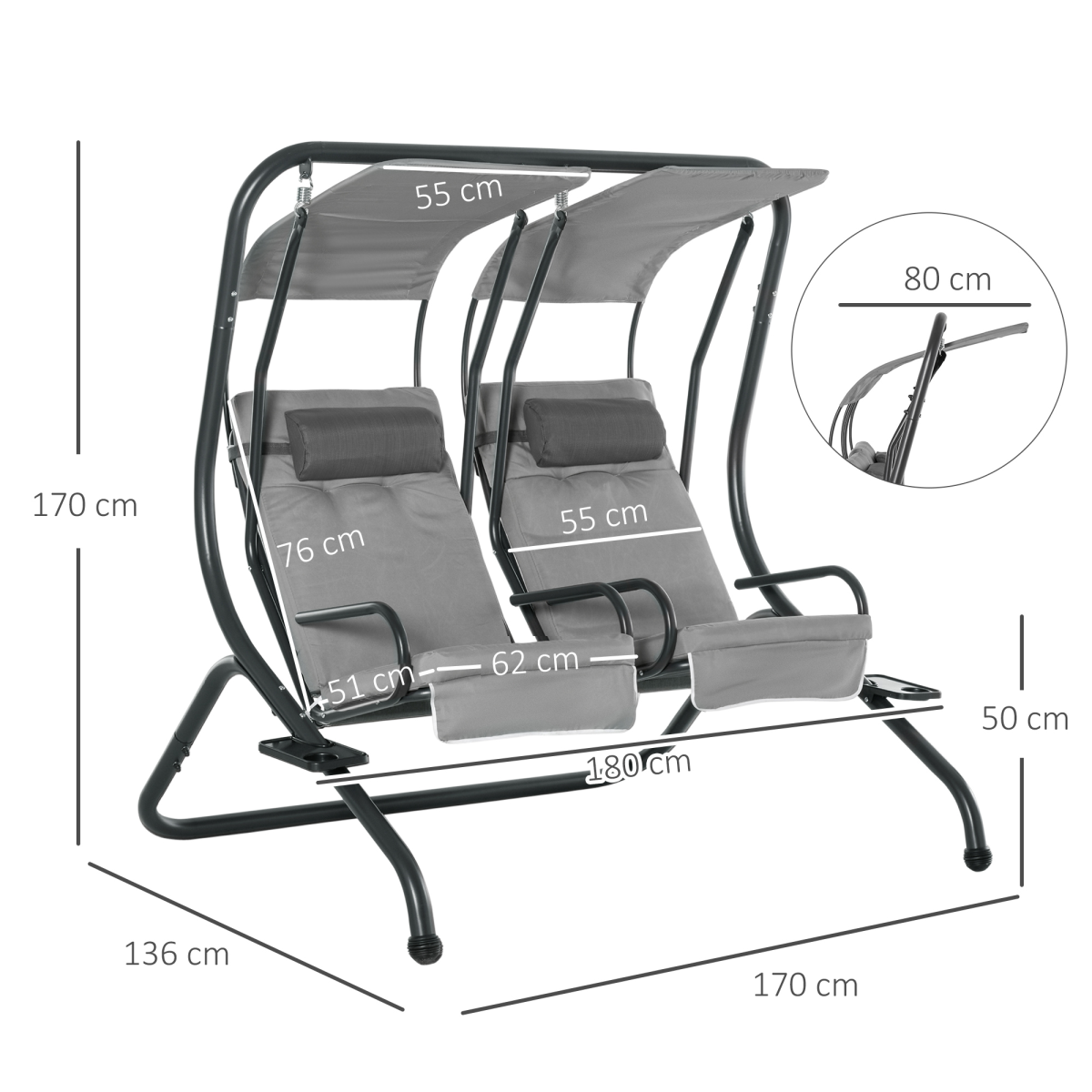 Outsunny Canopy Double Garden Swing with 2 Separate Chairs & Steel Frame – Patio Swing Seat, Grey