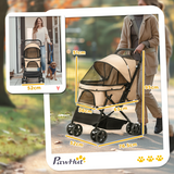 PawHut Foldable Pet Stroller for Small Dogs with Reversible Handle, Canopy & 4 Wheels – Travel Carriage, Brown