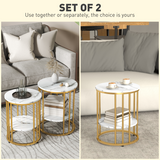 HOMCOM Set of 2 Marble-Effect Two-Tier Tables with Gold Tone Steel Legs – Coffee & Side Tables, White