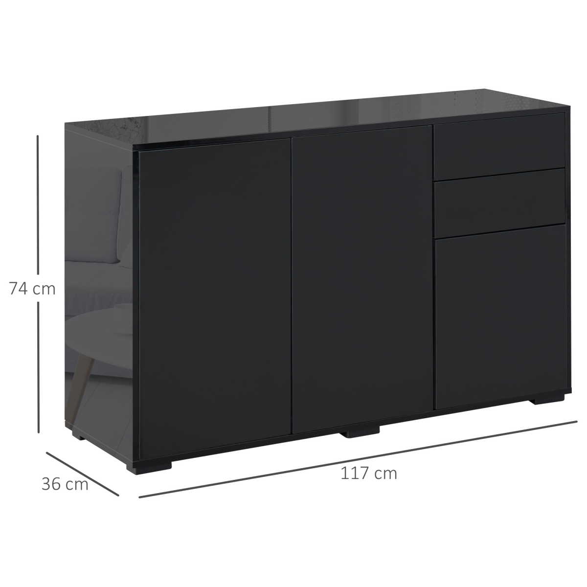 Gloss & Matte Side Cabinet with 2 Doors & 2 Drawers – Black Home Office Storage