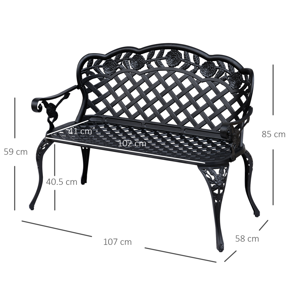 Outsunny Cast Aluminium Garden Bench – Antique-Style Outdoor Seat with Floral Scroll Back, Black