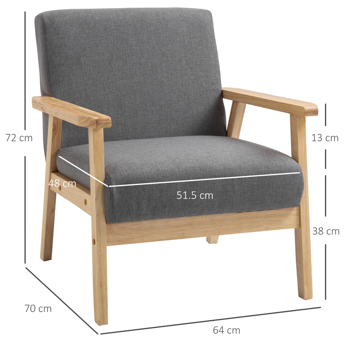 HOMCOM Linen Upholstered Accent Armchair with Solid Pine Wood Frame and Thick Cushions – Grey/Oak