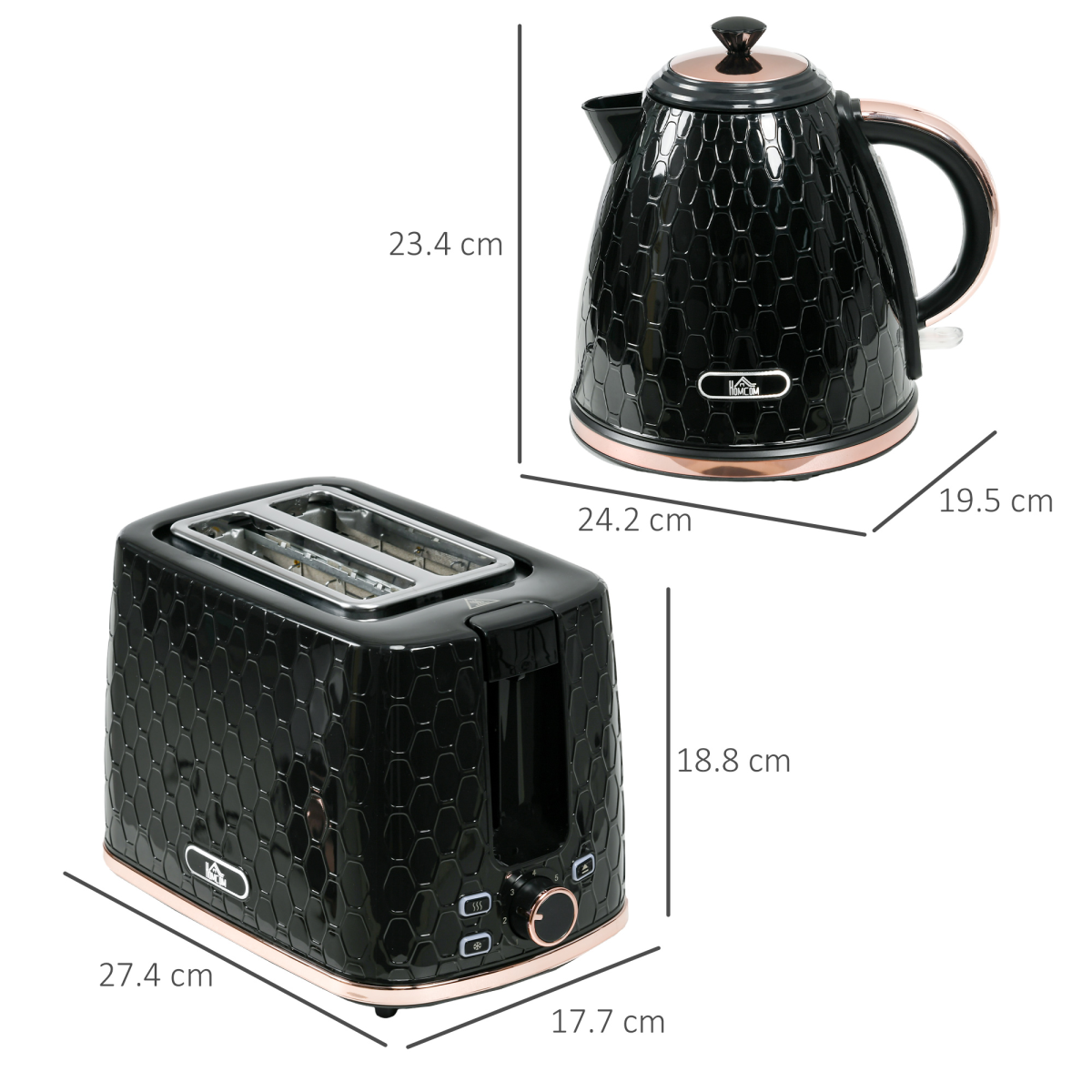 HOMCOM 1.7L Fast Boil Kettle & 2-Slice Toaster Set with 7 Browning Settings – Honeycomb Texture, Black