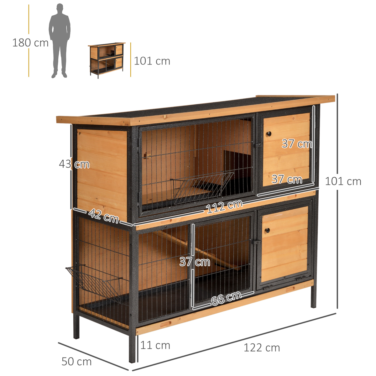 PawHut Wooden Rabbit Hutch with Metal Frame, Run & Slide-Out Tray – Outdoor Bunny House, Light Yellow