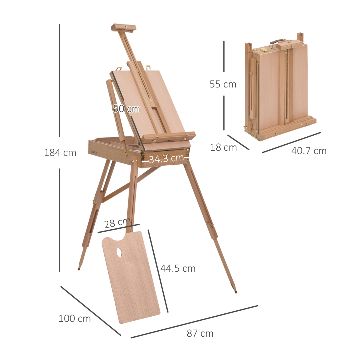 HOMCOM Folding Wooden Tripod French Art Easel with Drawing Board – Adjustable, Portable Painting Stand