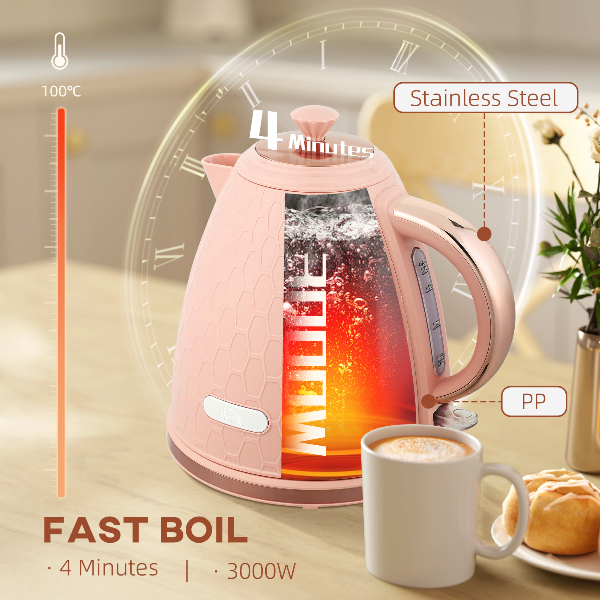 3000W Rapid Boil Electric Kettle with Water Level Window, Cordless & Auto Shut-Off – Fast Boil Kitchen Kettle