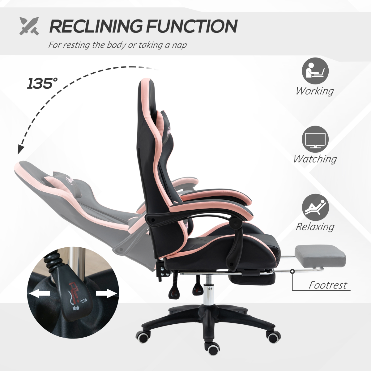 Reclining Gaming Chair with Footrest, Head & Lumbar Pillows – Swivel Computer Desk Chair, Black & Pink