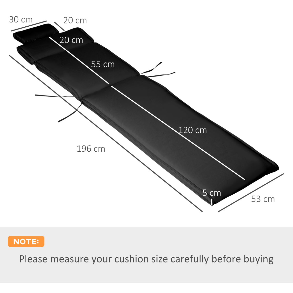 Outsunny Sun Lounger Cushion with Head Pillow and Side Ties – Indoor & Outdoor Reclining Relaxer Pad, Black