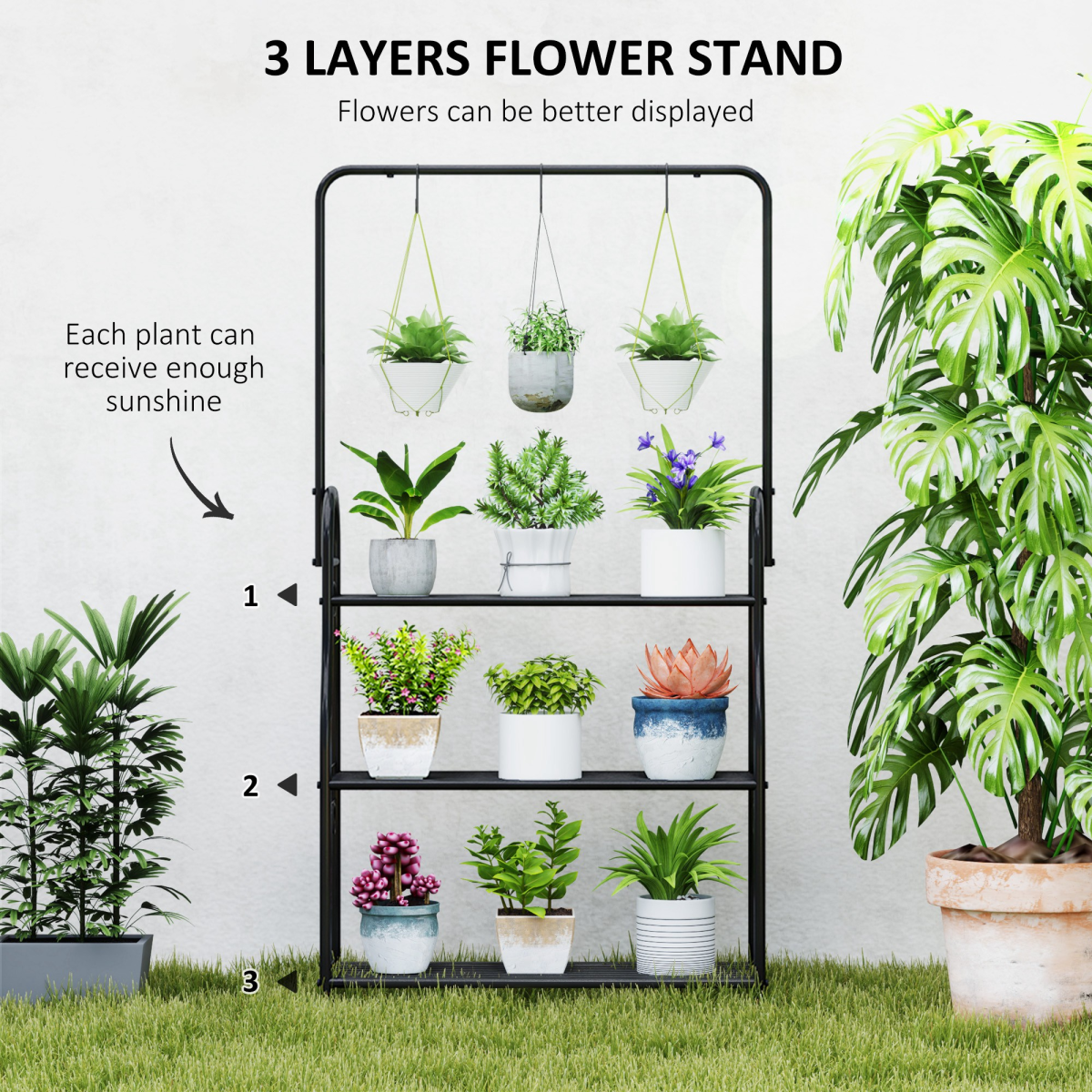 Outsunny 3 Tier Metal Plant Stand with Hanging Hooks – Garden, Balcony and Living Room Plant Shelf, Black