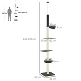 PawHut Floor-to-Ceiling Cat Tree, 240–270 cm Height Adjustable with Bed, Hammock and Sisal Posts, Black
