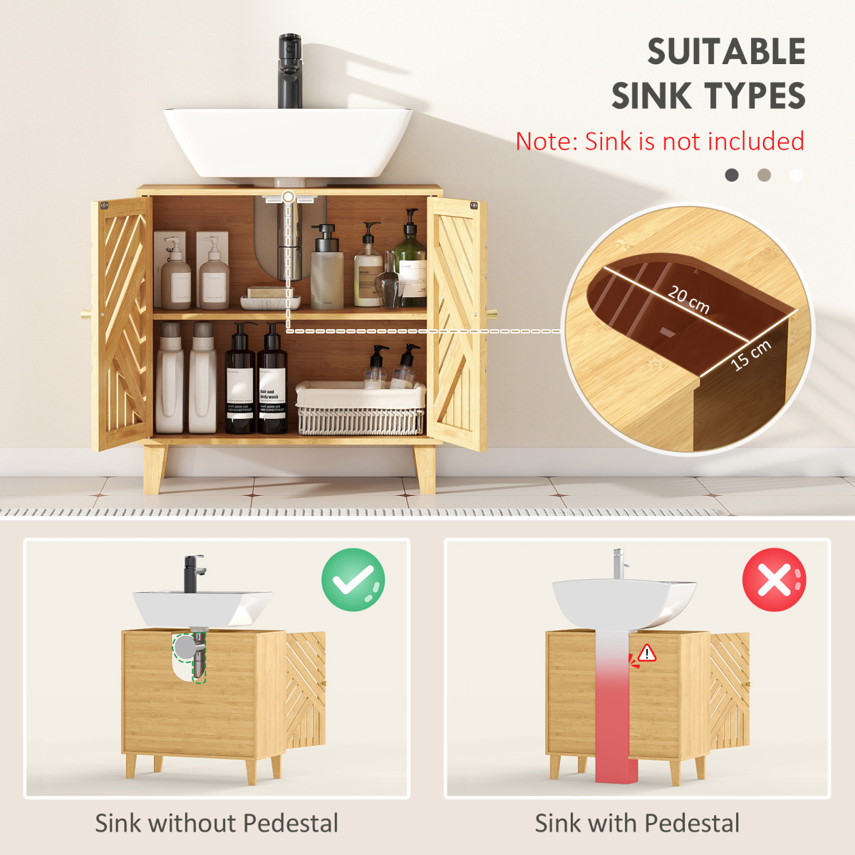 HOMCOM Bamboo Bathroom Under Sink Cabinet with Adjustable Shelf & U-Shape Cut-Out – Nordic Style, Natural