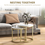 HOMCOM Marble-Effect Side Table Set with Gold Tone Steel Frames – Round & Oblong Accent Tables, White