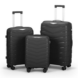 3-Piece V-Stripe Trolley Luggage Set, 20", 24" & 28" PP Suitcases with Iron Handles, Black