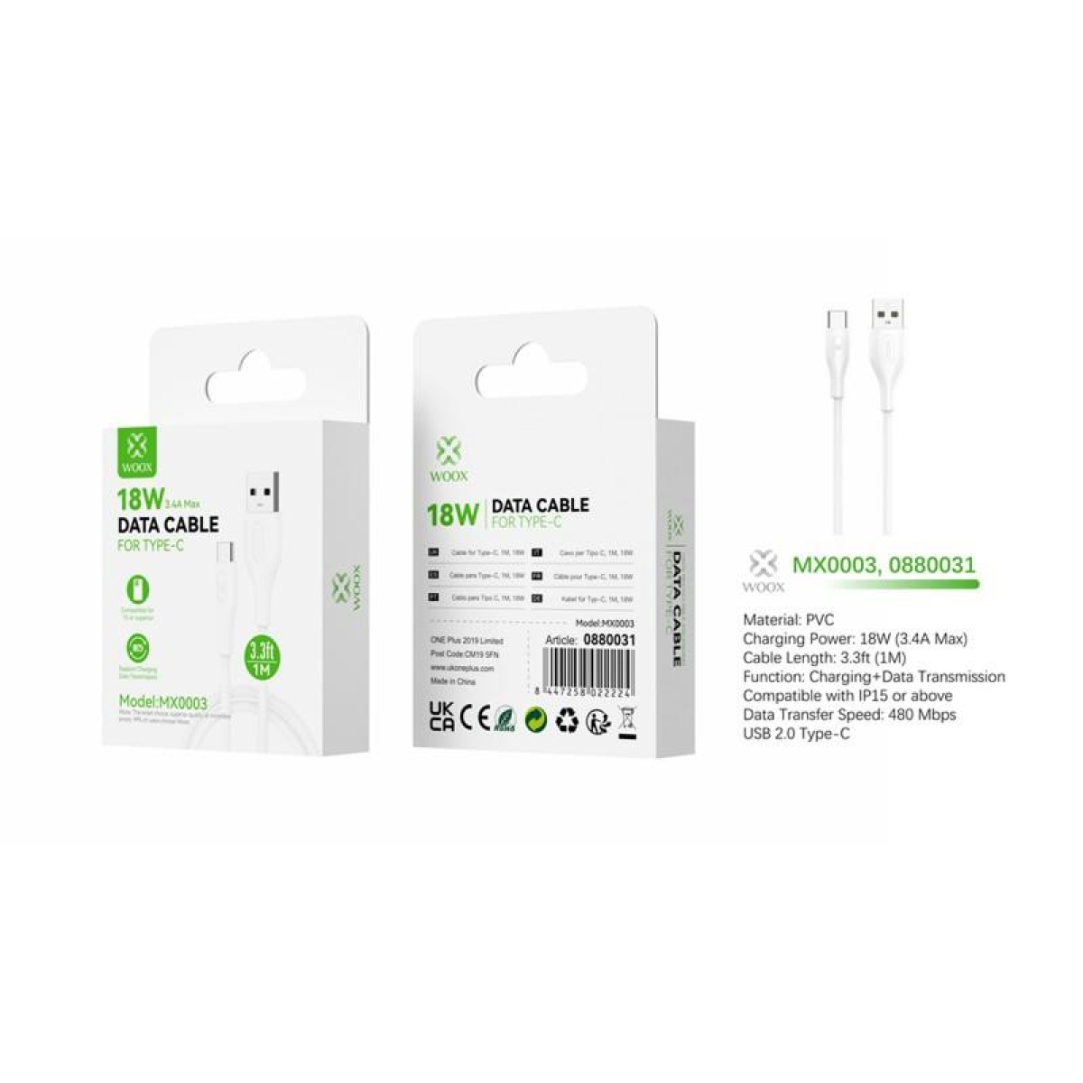 Woox MX0003 USB to USB-C PVC Data and Charging Cable, 18W, 1m (3.3ft) – White