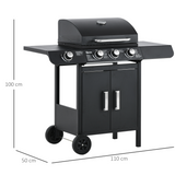 Outsunny Deluxe 3+1 Burner Gas BBQ Grill Trolley with Side Burner and Warming Rack, 110 x 50 x 100cm
