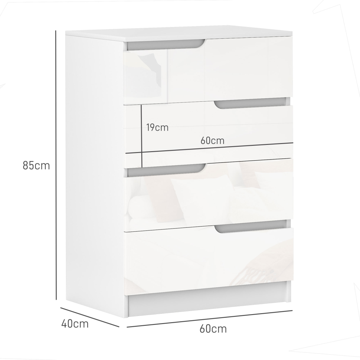 HOMCOM 4 Drawer Bedroom Chest of Drawers with Steel Runners, 60 x 40 x 85cm – White