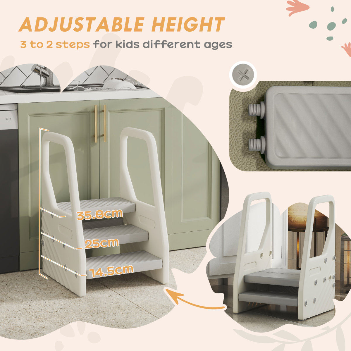 AIYAPLAY Toddler Tower, Adjustable 3-Step Kitchen Stool Helper with Non-Slip Surface – Ages 2-5, Grey
