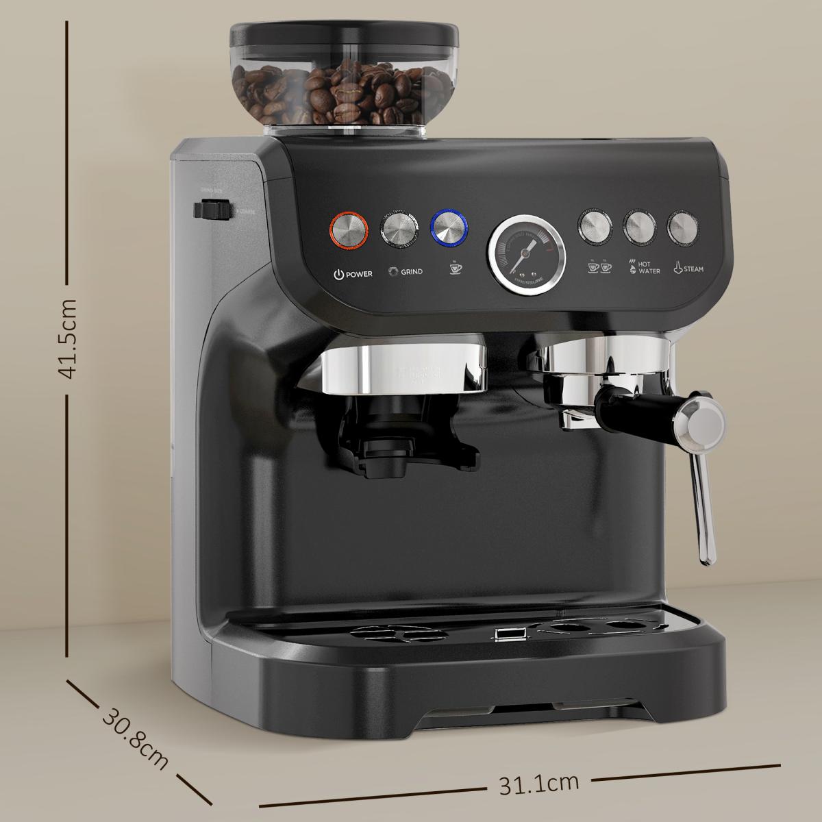 HOMCOM Espresso Coffee Machine with Integrated Bean Grinder & Steam Wand – 15 Bar Pressure, Black