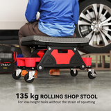HOMCOM Rolling Mechanic Stool with Tool Trays, Drawer & Padded Seat – 135kg Capacity Workshop Stool, Black