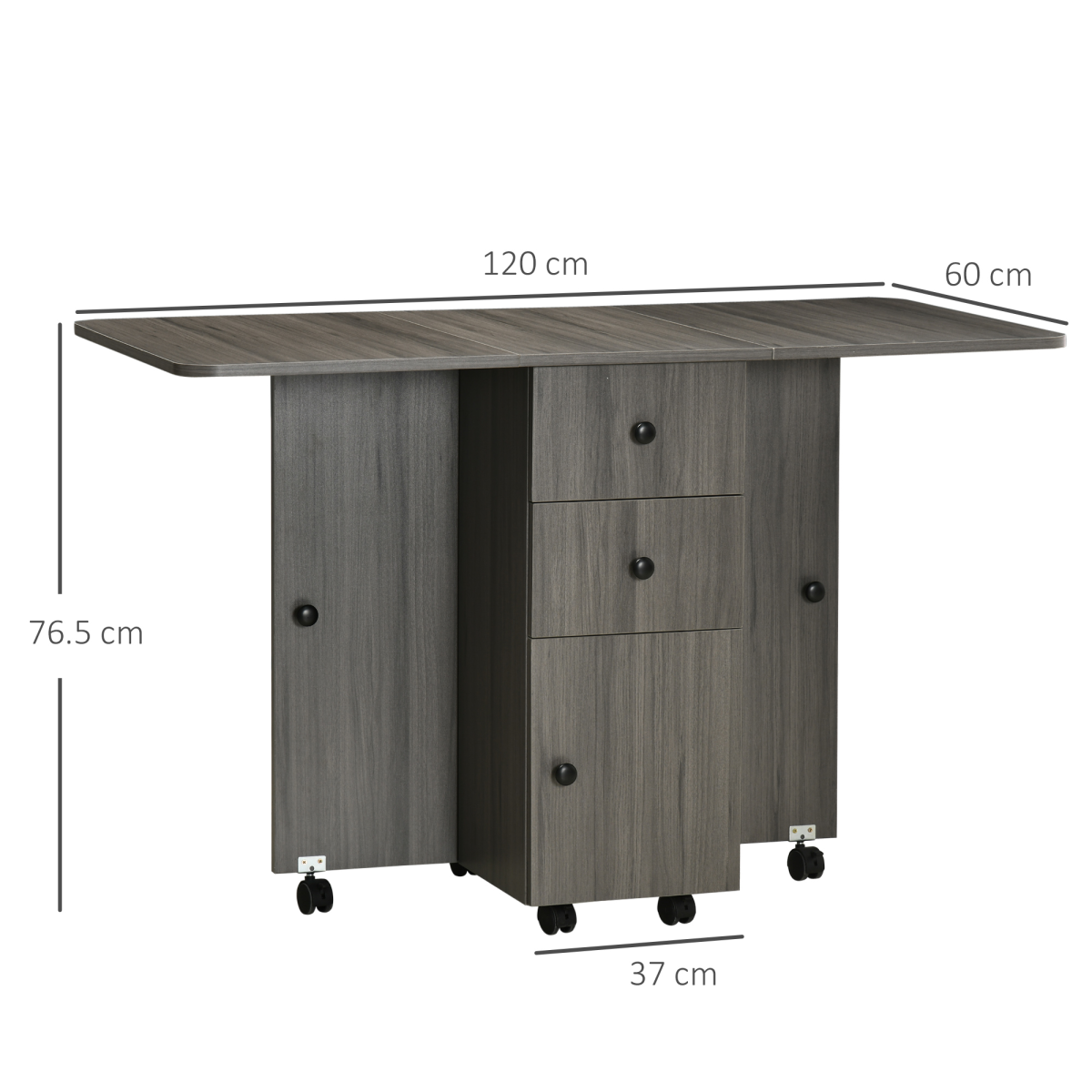 HOMCOM Drop Leaf Folding Dining Table with Storage Drawers & Cupboard – Space-Saving Kitchen Table, Grey