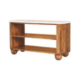 Artisan Furniture Beaumont Solid Mango Wood Shoe Bench – White Marble Top, 2 Shelves, Golden Teak