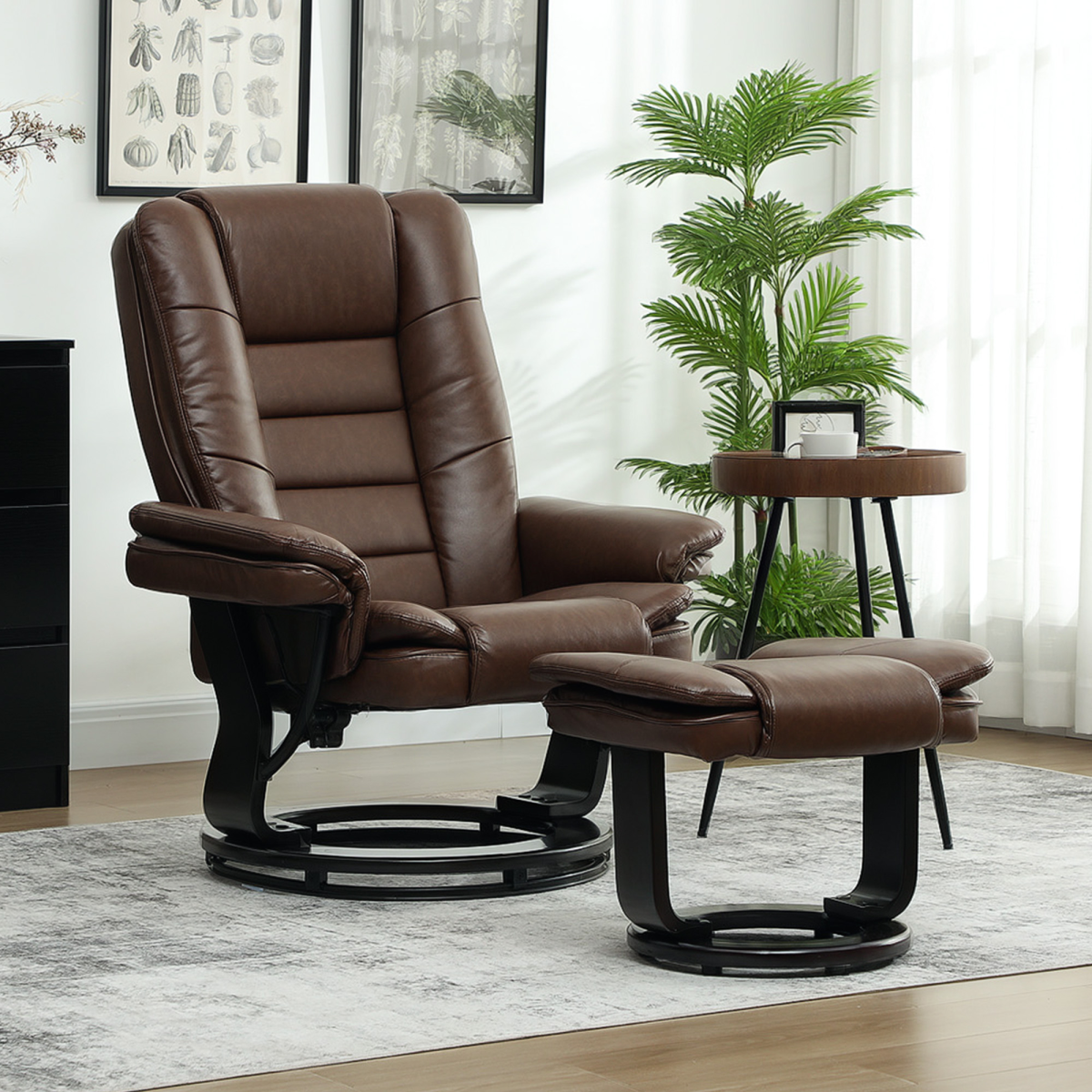 Swivel Recliner Chair with Footstool, 135° Reclining Back & Faux Leather – Padded Armchair Set, Dark Brown