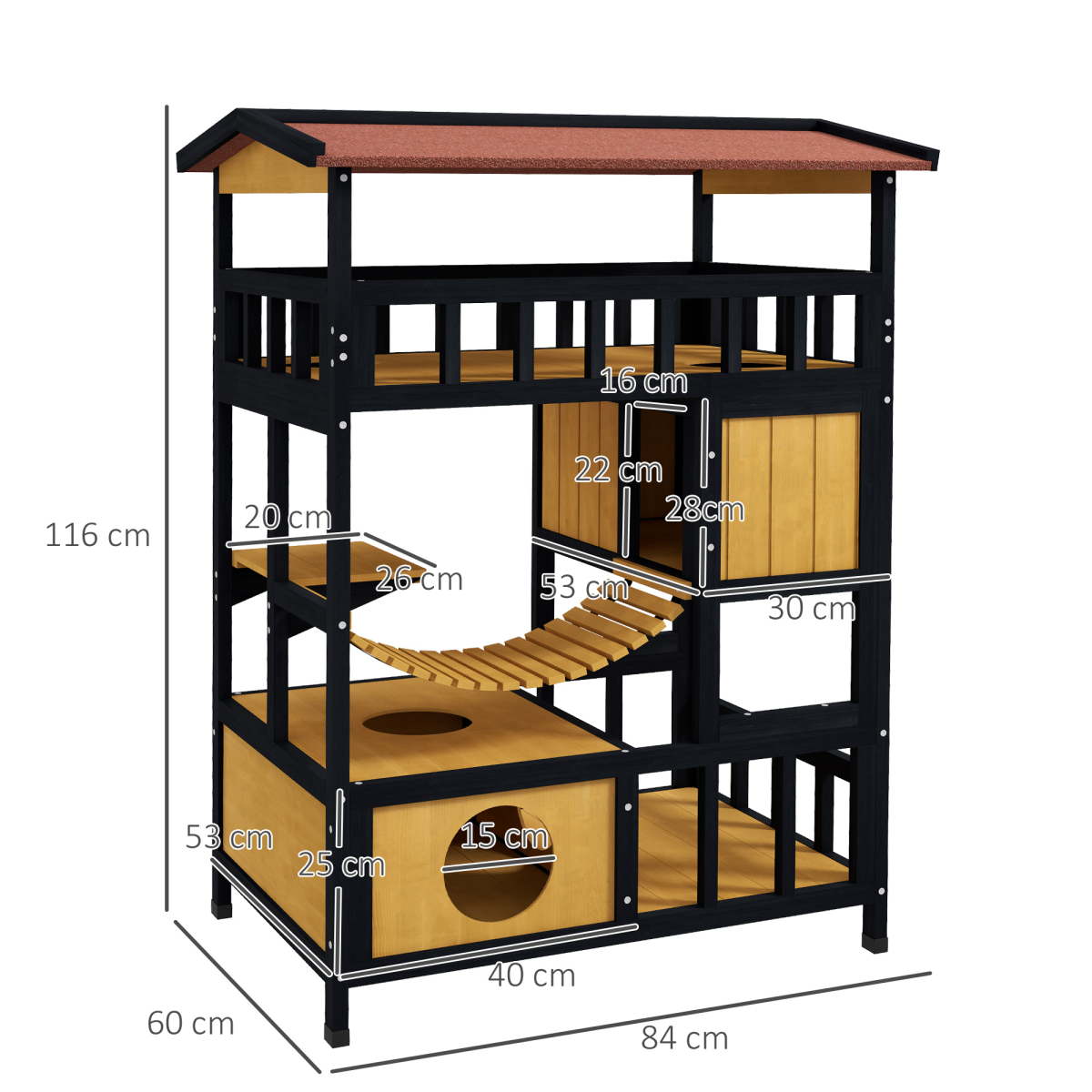 PawHut Outdoor Wooden Cat House with Suspension Bridge, Two Lounges and Sun Decks – Weather-Resistant Shelter, Yellow, Black and Red