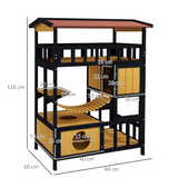 PawHut Outdoor Wooden Cat House with Suspension Bridge, Two Lounges and Sun Decks – Weather-Resistant Shelter, Yellow, Black and Red