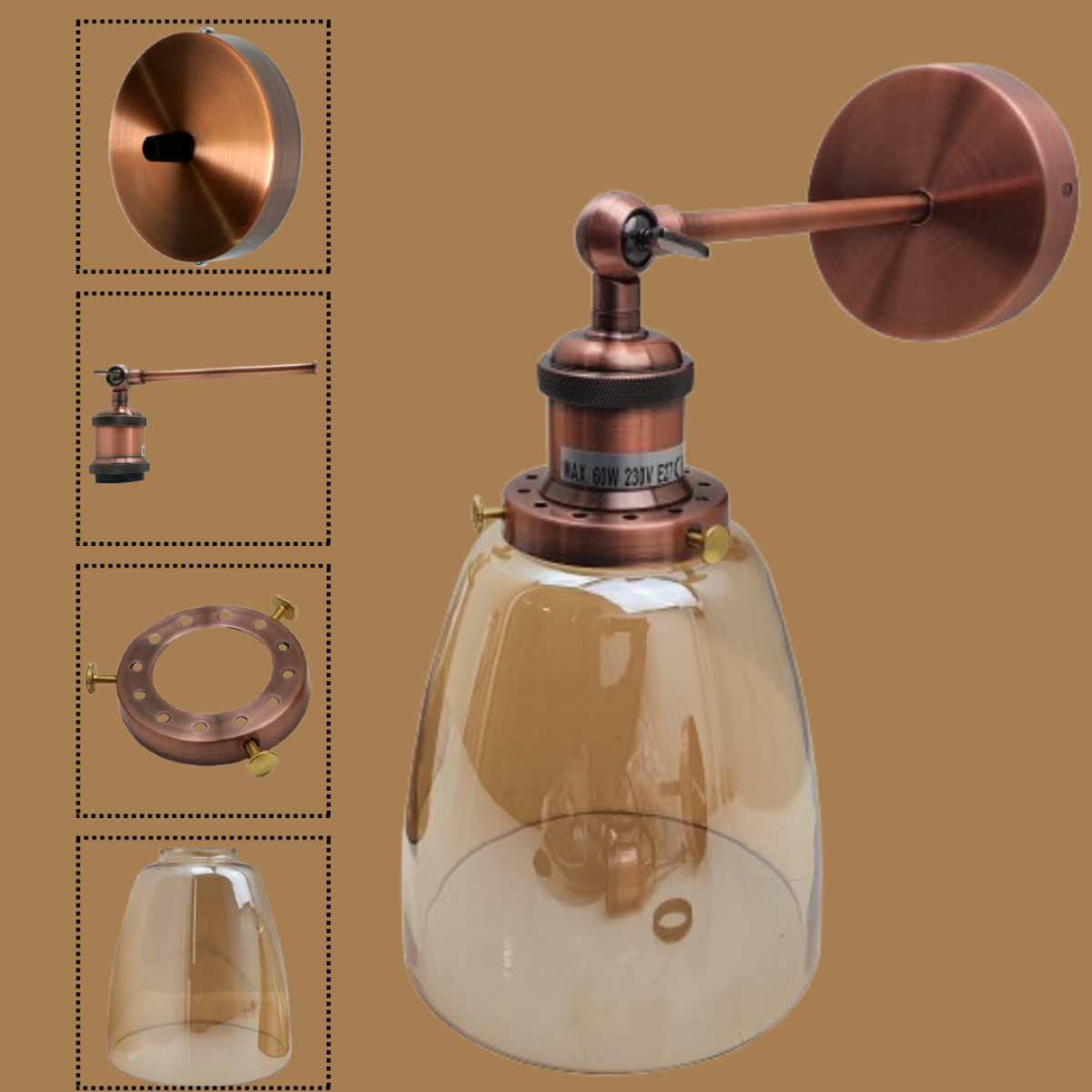 LEDSone Adjustable Amber Glass Wall Light with Copper-Plated Base – Modern Bell Wall Sconce, E27