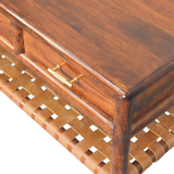 Artisan Furniture Solid Mango Wood Regency Woven Console Table with 4 Drawers – Entryway Storage, Dark Brown