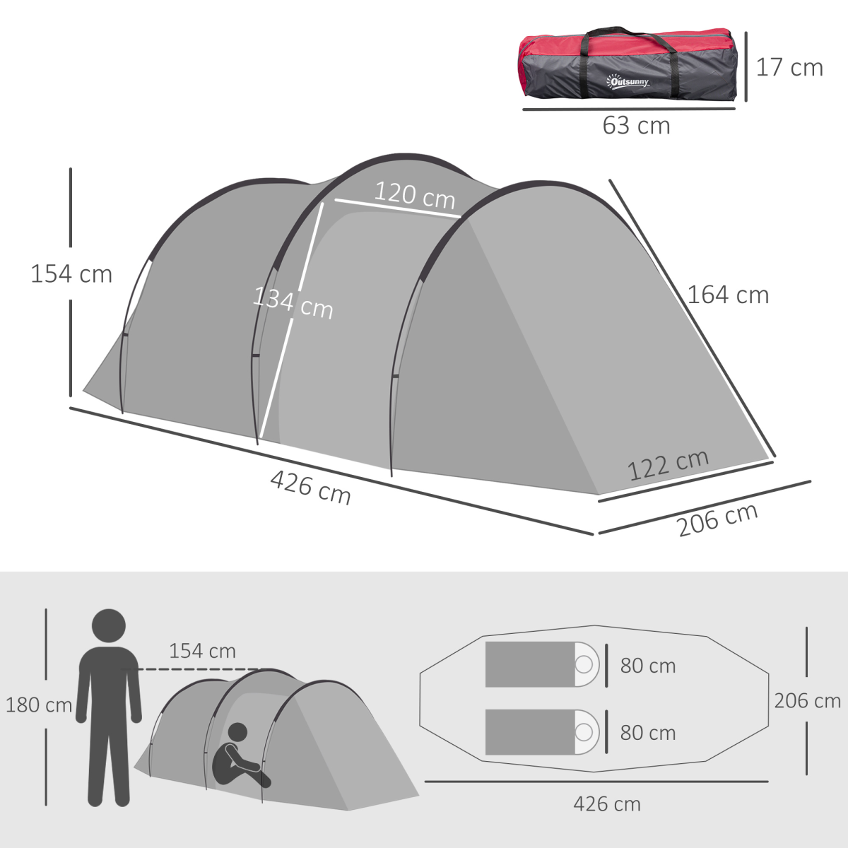 Outsunny 3 Man Camping Tent with 2 Rooms, Porch, Mesh Vents & Rainfly – 2000mm Waterproof Dome Tent