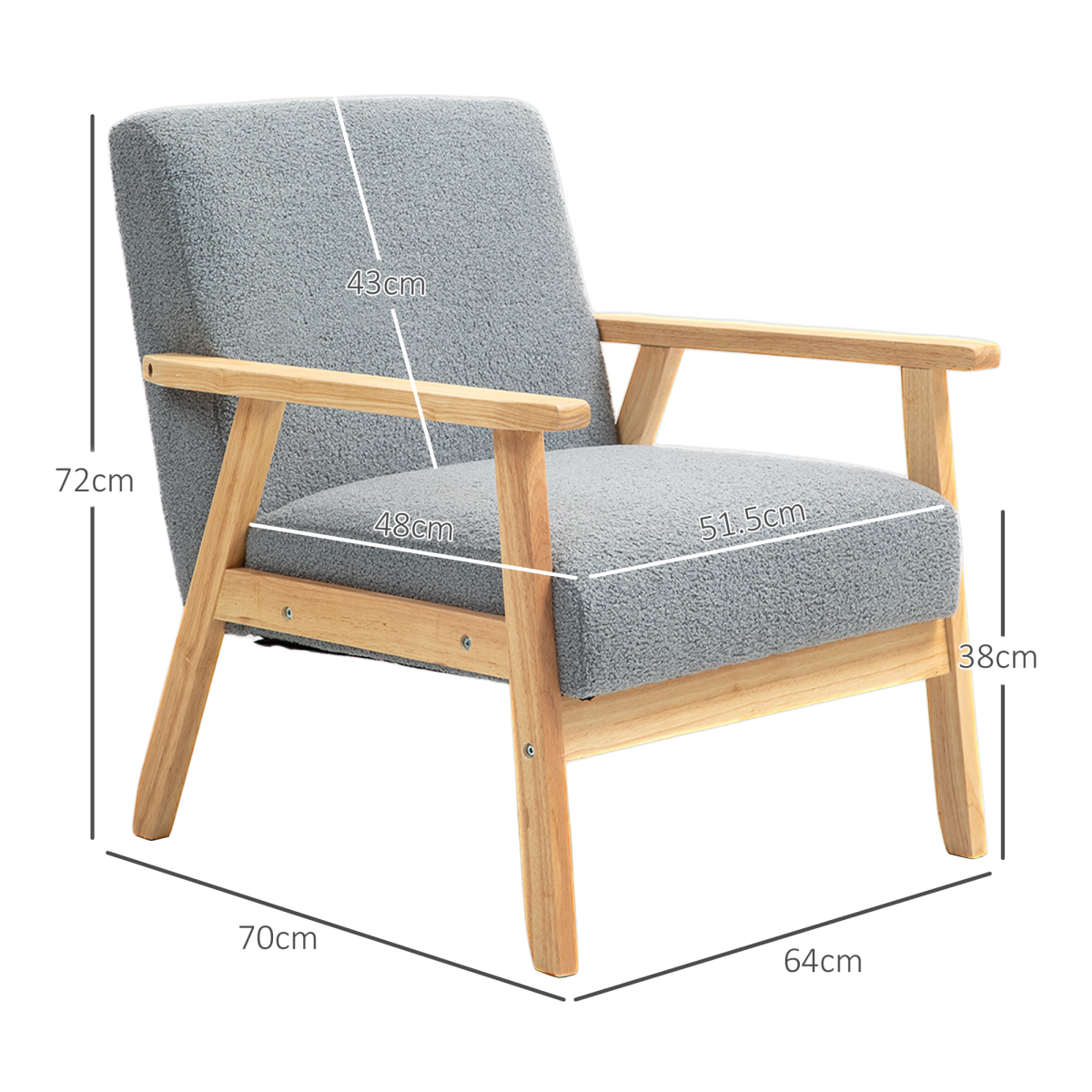 HOMCOM Wide Seat Accent Armchair with Solid Wood Frame & Cashmere-Feel Fabric – Living Room Chair, Grey